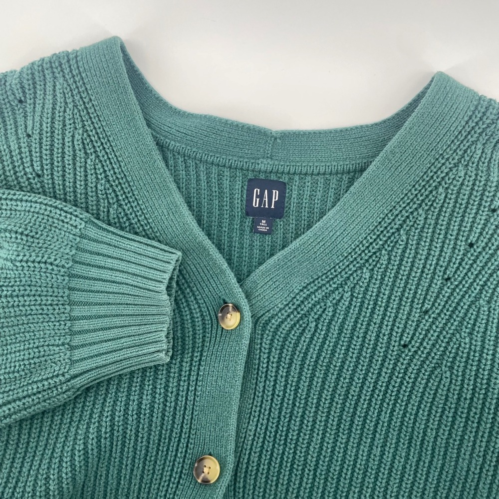 Gap Shaker BF Cardigan Womens Medium Tall June Bug Green Cotton Ribbed Sweater